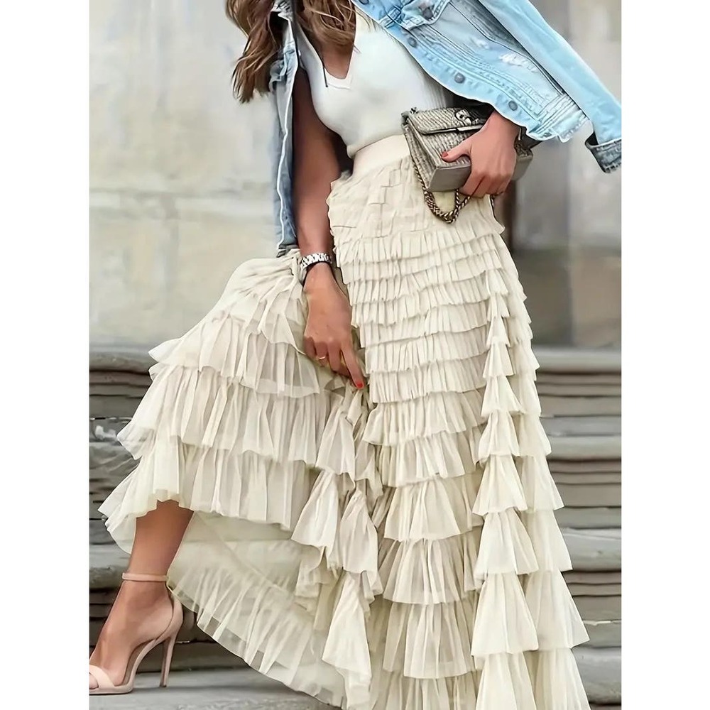 Beige, layered, dreamy, travel friendly, tulle skirt Boho, Edgy, Fun,Flirty,Chic - Picture 2 of 11